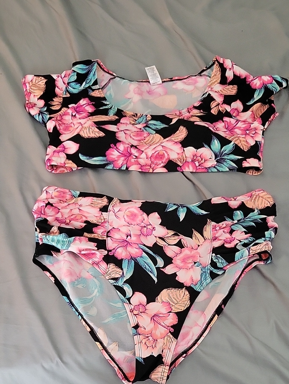 Black Floral Two-Piece Bikini Set with Pink/ Orange Flowers